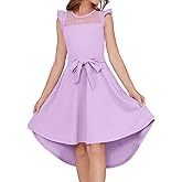 grewley Girls Dresses Summer Ruffle Sleeve Mesh A Line Casual Party Dresses Belted Dress with Pockets 5-14 Years