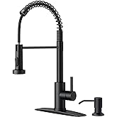 FORIOUS Black Kitchen Faucet with Soap Dispenser, Single Handle Stainless Steel Spring Sink Faucet with Pull Down Sprayer Transitional for Pot Filler, Farmhouse Camper Bar Laundry Room