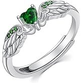 EUSJ 925 Sterling Silver Angel Wing Heart Ring for Women High Polish Angel Memorial Ring with Emerald Green Gemstone Birthstone Promise Ring Colored Zirconia Mothers Day Jewelry Christmas Gifts