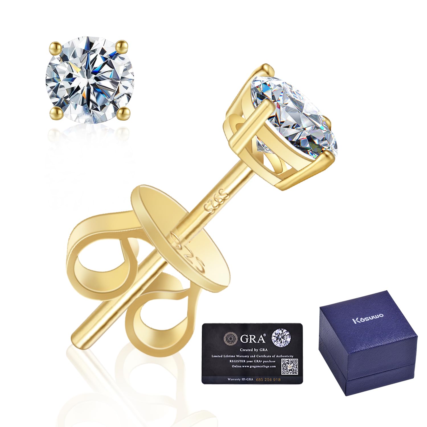 Kosuwo Mens S925 Sterling Silver Moissanite Stud Earrings- 0.6CT D Color Wedding Earrings,14K Gold Plated Earring for Men Women (Moissanite-0.6Ct(0.3ct*2) Image