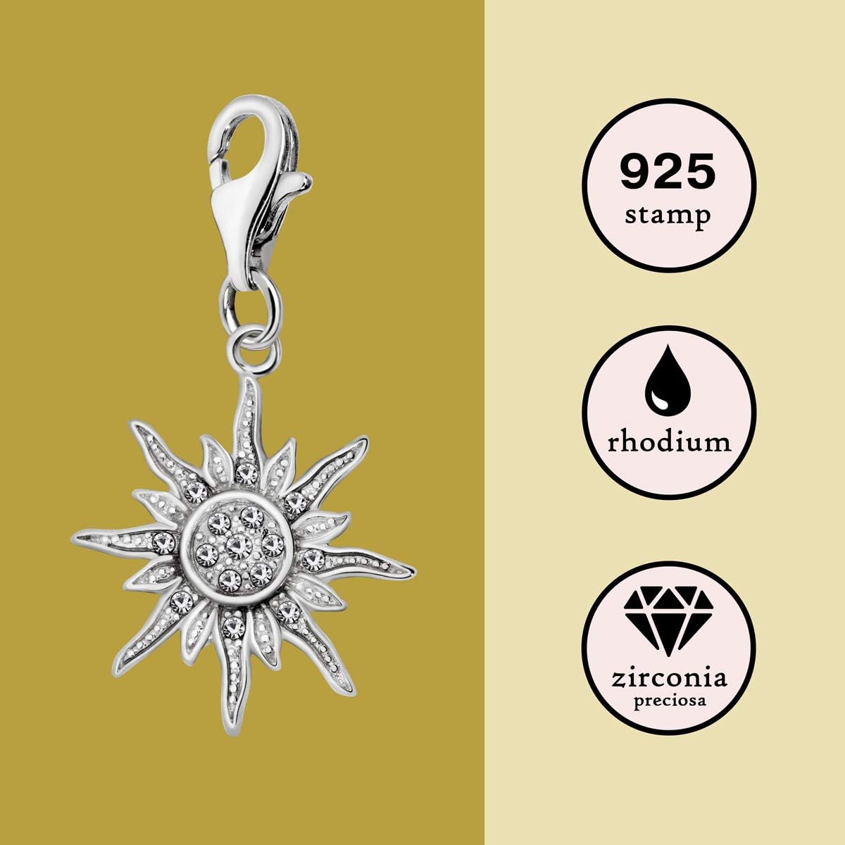 Quiges 925 Sterling Silver White Cubic Zirconia Sun Rays Lobster Clasp Charm Clip on Pendant, White Zirconia Sun Rays, 30 millimètres - Image 4