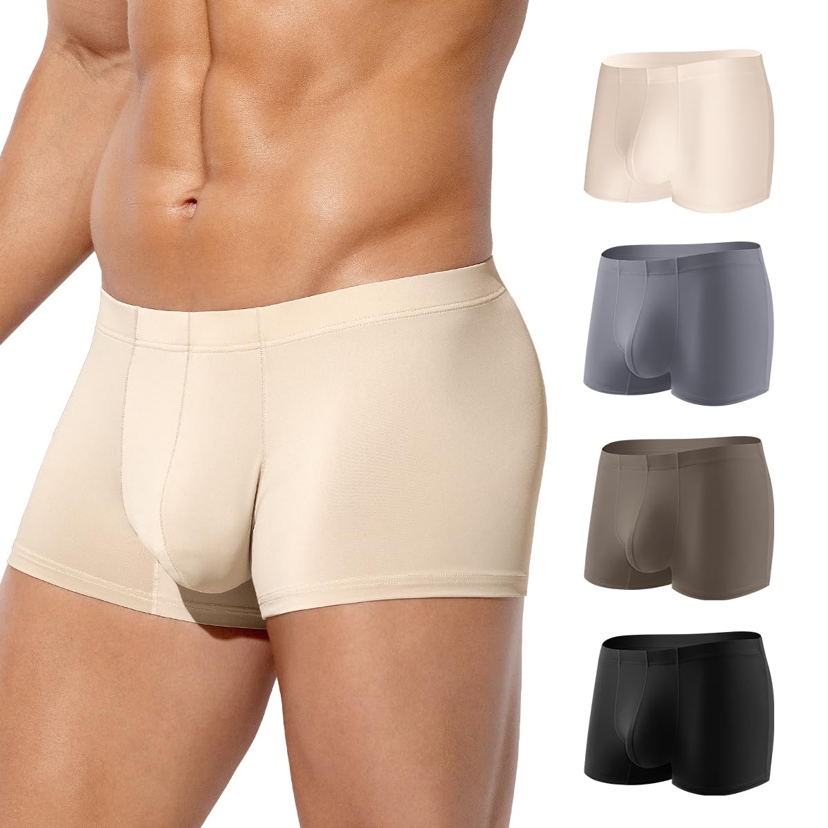 Photo 1 of Arjen Kroos Men's Boxer Briefs Sexy Silky Ice Silk Trunks Underwear for Men 4 Pack, Brown/Grey/Beige/Black, X-Large