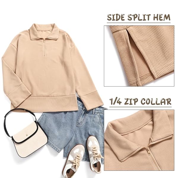 LANMIA WOMEN’S OVERSIZED 1/4 ZIP COLLAR PULLOVER SWEATER LONG SLEEVE SPLIT HOODIE SWEATSHIRTS KNITTED RIBBED CASUAL JUMPER TOPS (KHAKI,S)