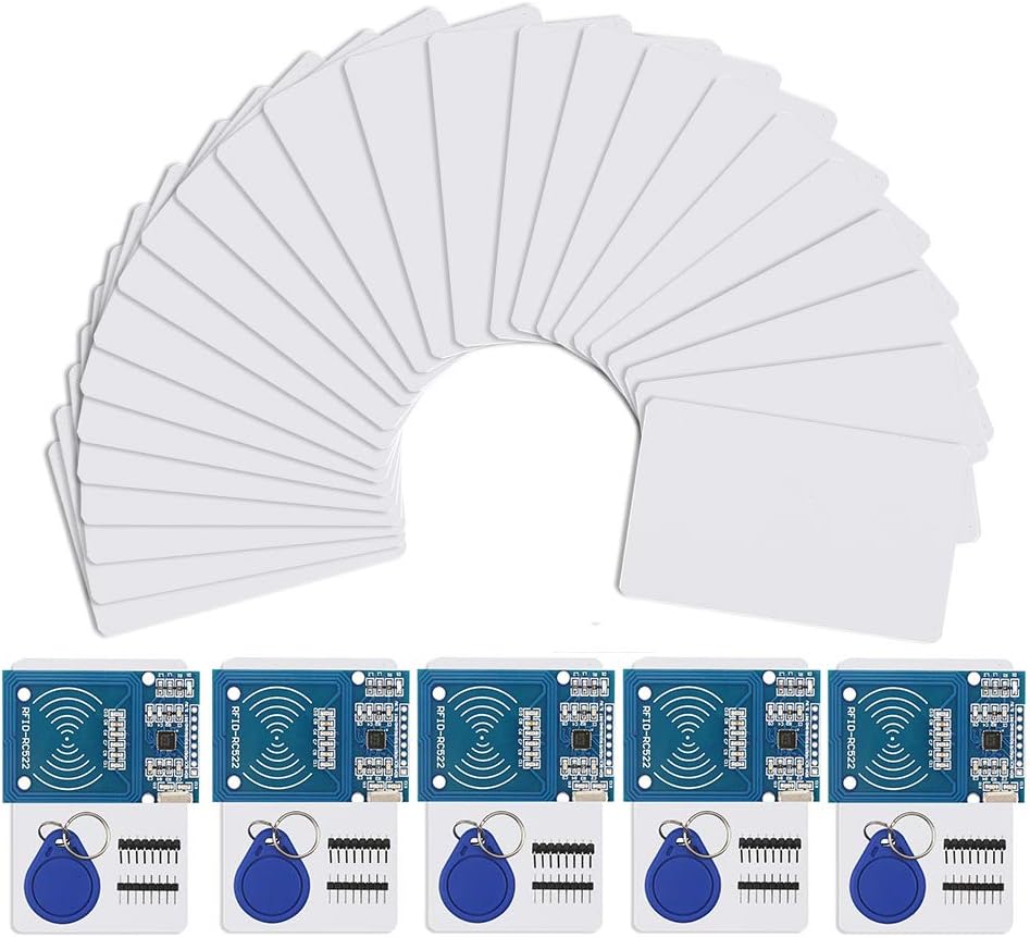 RFID Kit - 5 x RC522 RF IC Reader Sensor Module with 25pcs additional S50 Key Card as Gift and RFID Chip Key Ring for Arduino and Raspberry Pi