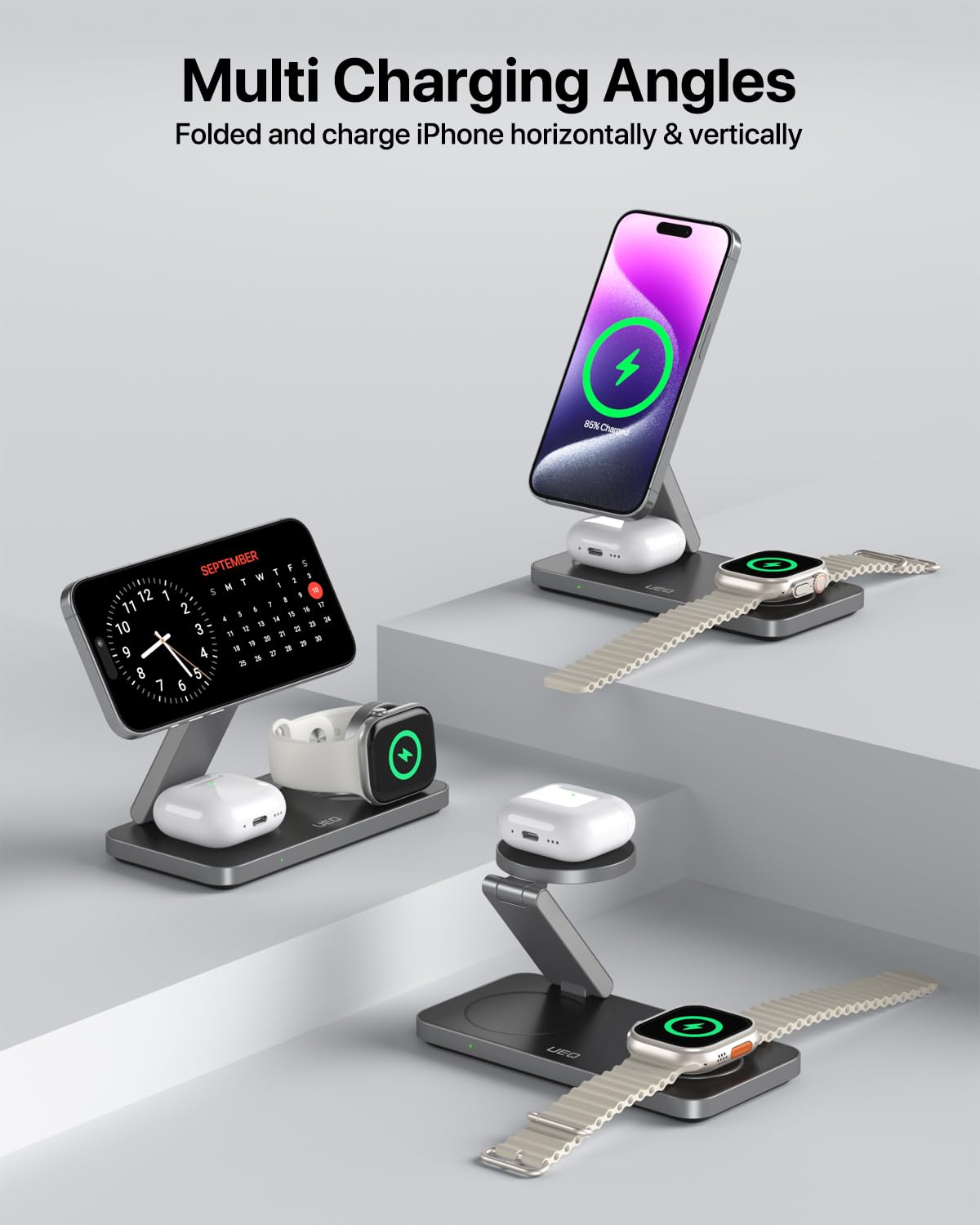 Foldable 3 in 1 Wireless Charging Station for Apple Compatible with Magsafe Charger Stand,Magnetic Wireless Charger Station for iPhone 15 14 13 12 Series,Airpods Pro,Apple Watch Ultra (Pure Black)