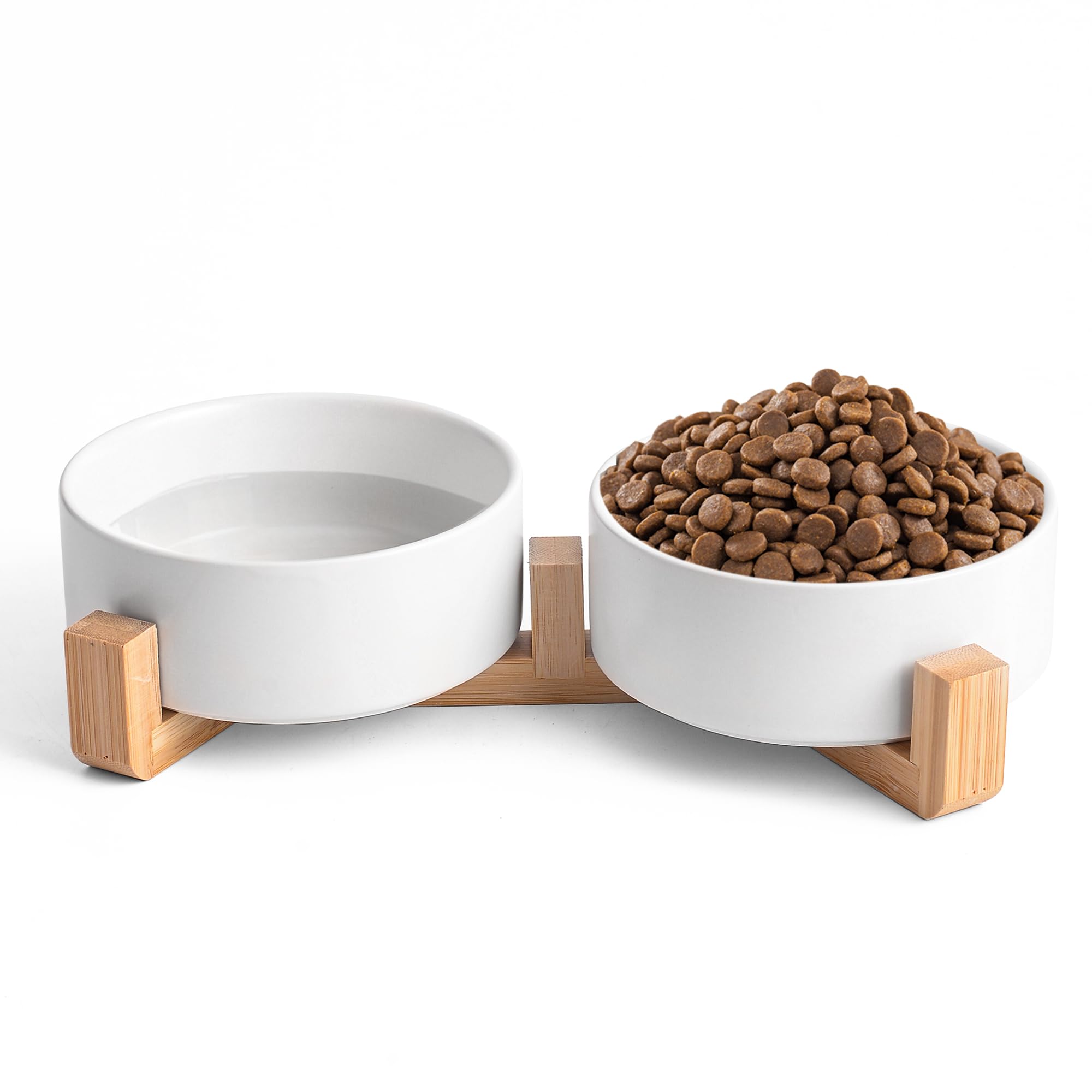 Photo 1 of Mowtanco White Ceramic Dog & Cat Bowl Set – 13.5 OZ with Wooden Stand, Non-Slip, Elevated Design for Small Dogs & Cats – 2 Bowls (Food & Water, Ceramic Pet Bowls, Modern Dog Bowls)