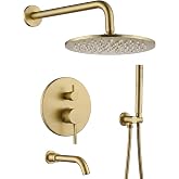 Tomfaucet Shower System with Tub Spout, 10" Round Rain Shower Head with Handheld, 3-Function Bathtub Shower Faucet Set, High Pressure Shower Kit with Tub Faucet, 2 Modes Handheld Spray, Brushed Gold