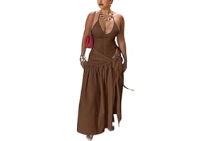 THUSFAR Two Piece Skirt Set Women Sexy Halter Backless Bodysuit and Wrap Tied High Split Summer Maxi Skirt Set