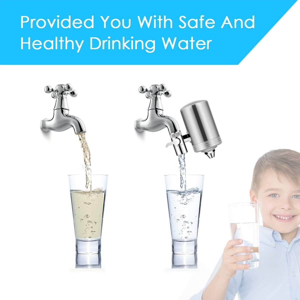 Dimener Faucet Water Filter, Water Purifier Sink Filter 304 Stainless-Steel Tap Water Filter System, Reduce Chlorine, Lead Reduction, Double Outlet (2 Filter Cartridges Included) - - 