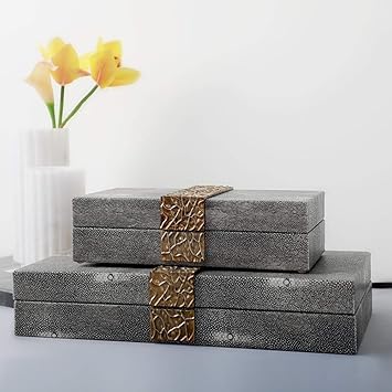 Rjj Nordic Moderne Retro Bronze Schnalle Holz Schmuckschatulle Startseite Wohnzimmer Schlafzimmer Kommode Schmuckschatulle Dekoration Ornament Fischhaut Textur Leder Aufbewahrungsbox Ornamente Elegant Amazon De Kuche Haushalt