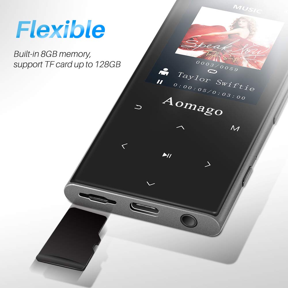 Aomago Music MP3 Player Bluetooth with Speaker - 2 in 1 Lossless Music Player with 2.4\'\' Screen Voice Recorder FM Radio Compact Touch Botton Digital MP3 Player Portable Pedometer, Support up to 128GB
