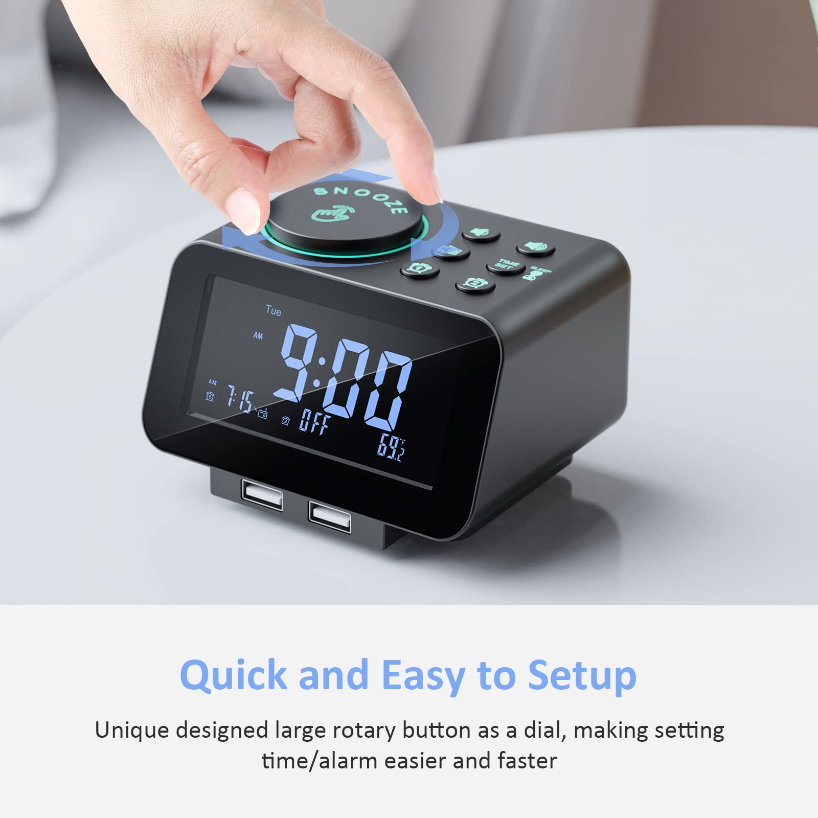 uscce Digital Dual Alarm Clock Radio - 0-100% Dimmer with Weekday/Weekend Mode, 6 Sounds Adjustable Volume, FM Radio w/Sleep Timer, Snooze, 2 USB Charging Ports, Thermometer, Battery Backup