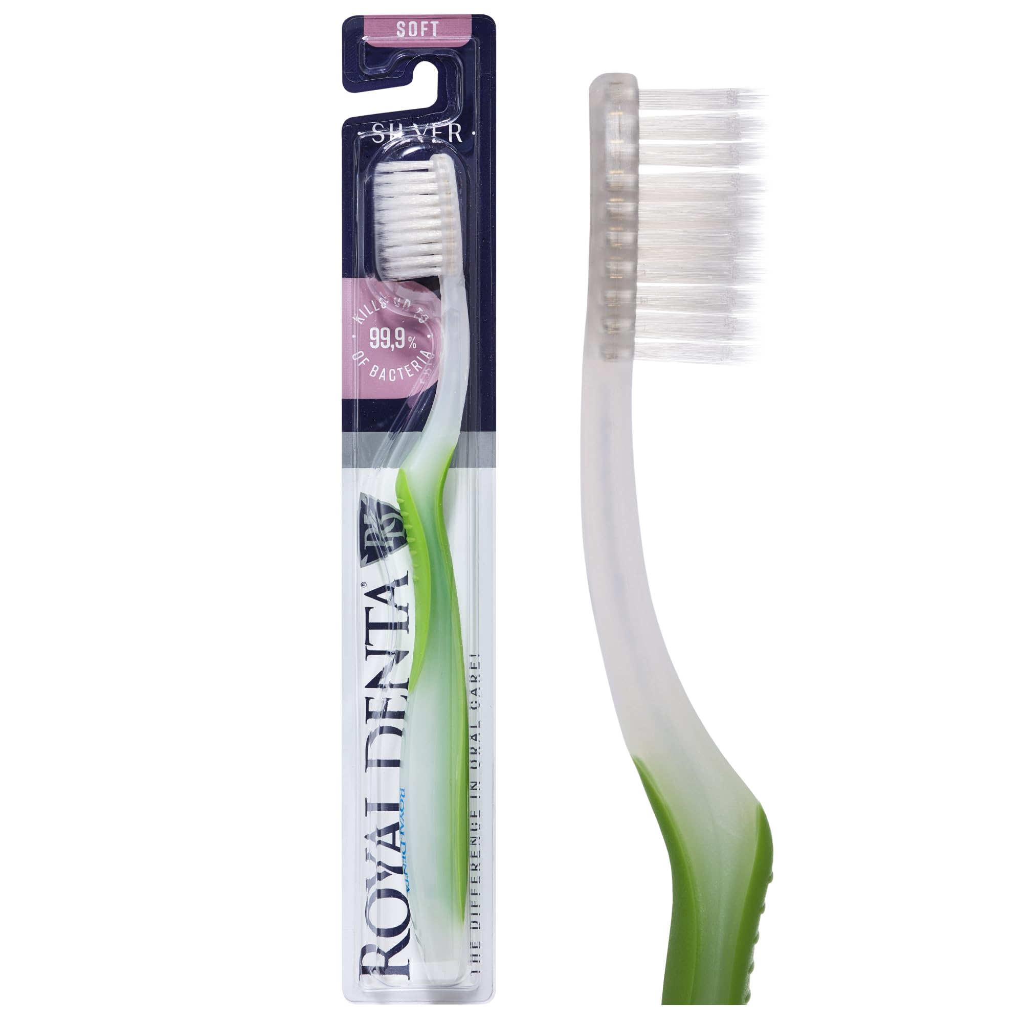 Royal Denta Soft Toothbrush for Adults, Dual Length Soft Bristles for Sensitive Teeth & Gums, Silver Infused Manual Toothbrush for Whitening, Flossing and Braces, Ergonomic Grip Handle (Green)
