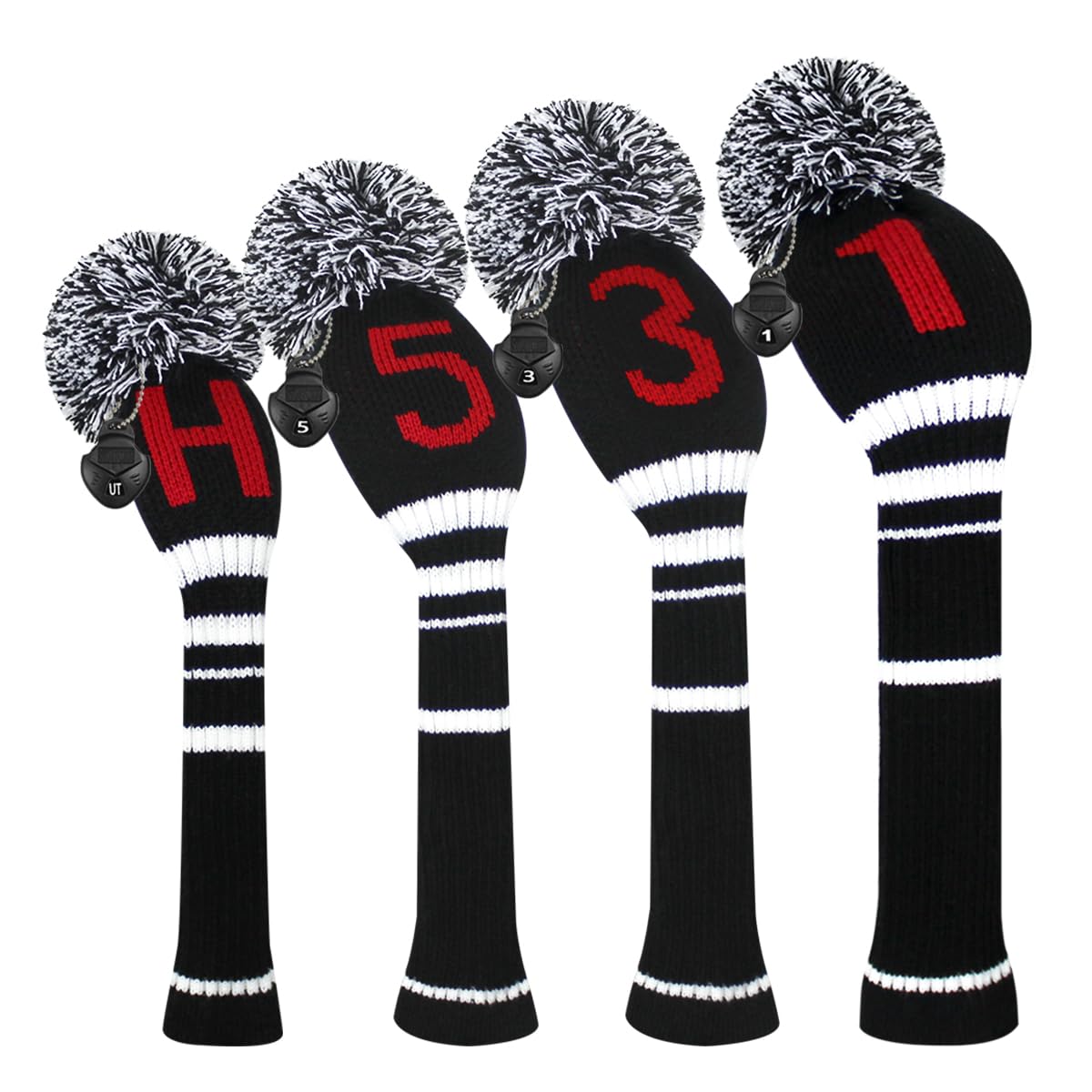 Scott Edward 4PCS Knitted Golf Head Covers Handmade Fit Well for Driver and Fairway Woods with Long Neck Pom Pom Golf Club Headcovers Set (Black Red Numbers)
