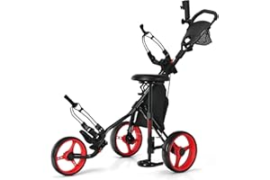 Tangkula Golf Push Pull Cart with Seat, Lightweight Folding 3 Wheels Golf Push Cart, Golf Trolley W/Storage Bag, Foot Brake, Adjustable Umbrella Holder & Seat, 4 Height Position Handle (Red)
