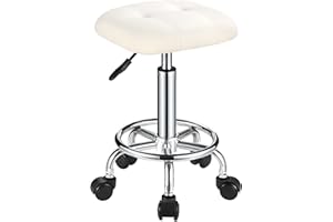 FNZIR Square PU Cushion Rolling Stool with Wheels Height Adjustable Swivel Stools Chair White