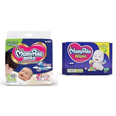 MamyPoko Pants Extra Absorb Diapers, New Born (66 Count) & MamyPoko Wipes with Green Tea Essence - Pack of 100 * 2 Wipes with Fragrance (100 * 2 = 200 Wipes)