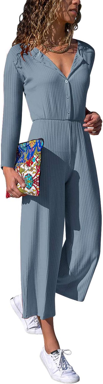 Cassiecy Women's Elegant Long Sleeve V Neck Jumpsuit Loose Casual Wide Leg Long Romper Playsuit