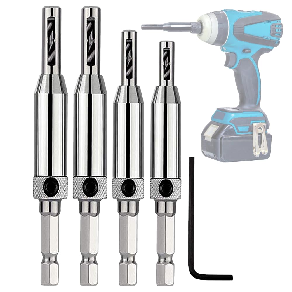 Japard Self Centering Drill Bit Set for Hinges 4 Pcs, 1/4 Hex Shank with 5/64, 7/64, 9/64, 11/64 inches for Wood Door Cabinet