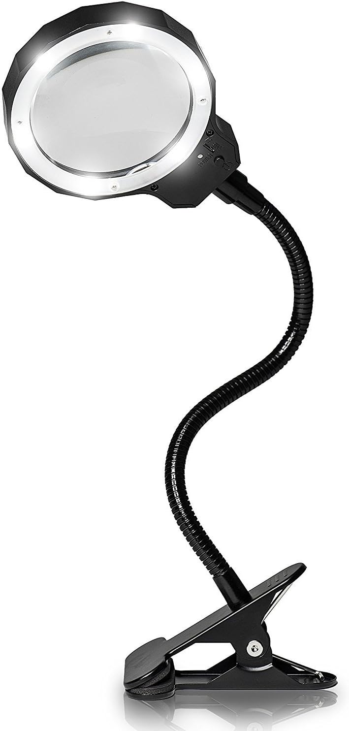 Cavogin Rechargeable Illuminated LED 3X Clip Magnifying Lamp with Metal Clamp - Optical Glass Magnifier Lens with 3 Adjustable Light Settings Detachable Aluminum Handle
