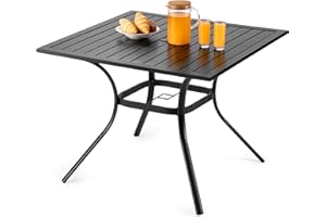 VEVOR Outdoor Patio Dining Table, 37 inch Square Metal Steel Slat Backyard Bistro Tables, with 1.5 in Umbrella Hole, Outside 