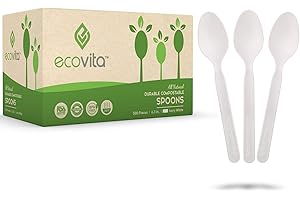Ecovita 100% Compostable Spoons - 500 Large Disposable Utensils (6.5 in.) Bulk Size Eco Friendly Durable and Heat Resistant Alternative to Plastic Spoons with Convenient Tray