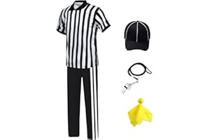 HTPARY Men's Referee Shirt Black and White Stripes Umpire Jersey Yellow Penalty Flag Whistle Lanyard Hat