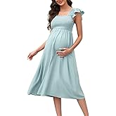 BeautyNee Womens Maternity Dress for Photoshoot Baby Shower Flutter Strap Sleeve Square Neck Smocked Maxi Boho Dress