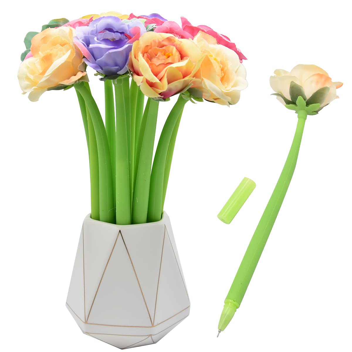 SIPLIV 12Pcs Creative Artificial Flowers Gel Ink Pen Ballpoint Pen Liquid Black 0.5mm Gel Ink Rollerball Pen for Girls Women, Office School Supplies - Daffodil