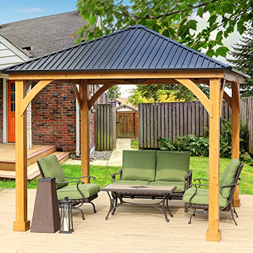 Aoodor Patio Solid Wooden Gazebo 10 x 10 ft. Hardtop Roof for Garden