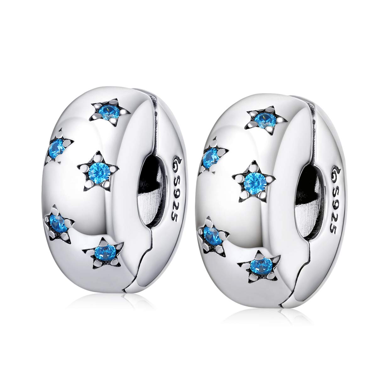 Clip Spacer 925 Sterling Silver Blue White Crystal Charm Lock Stopper Bead for Bracelet, Compatible With European Charm Bracelet Beads (B-2pc)