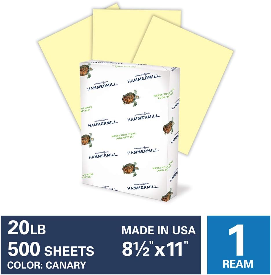Hammermill Canary Colored 20lb Copy Paper, 8.5x11, 1Ream, 500 Total Sheets, Made in USA, Sustainably Sourced From American Family Tree Farms, Acid Free, Pastel Printer Paper, 103341R : Office Products