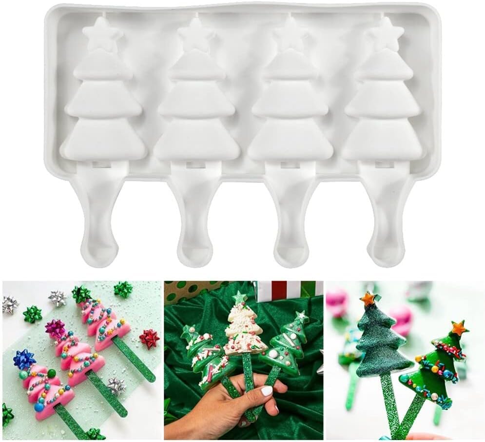 Photo 1 of 1 Pack Christmas Cute Xmas Tree Shape Popsicle Mold Silicone Ice Pop Molds 4 Cavities Popsicle Mold for Kids Adults Ice Cream Mold Cakesicles Mould DIY Popsicle Maker Homemade Popsicle Silicone Mold C