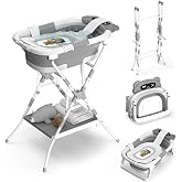 BALLA BALEIN Baby Bathtub with Stand, Foldable Metal Standing Baby Bath Tub, 3-in-1 Anti-Slip Collapsible Tub with Cushion Storage Pad, Elevated Design for Newborn Toddler, Gray