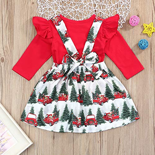Toddler Kids Baby Girls Christmas Outfits Ruffle Top Christmas Tree Suspender Skirt Set 2PCS Clothes Set Winter (Red, 18-24 Months)