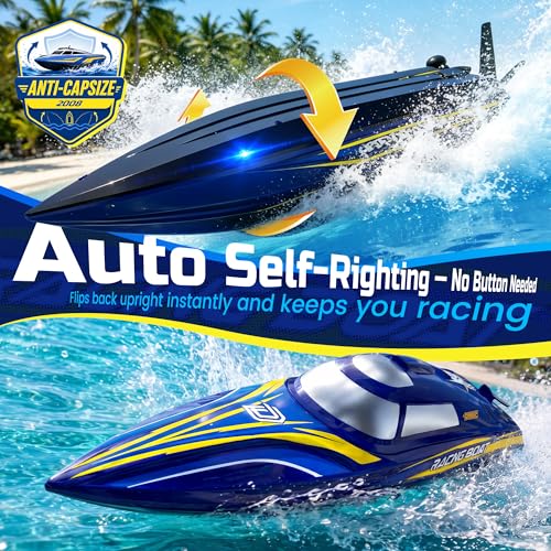 DEERC 14" Fast RC Boat for Kids & Adults, 32+ KPH Remote Control Speed Boat with 2x1200mAh Batteries, Auto Self-Righting Waterproof Toy for Lakes & Pools