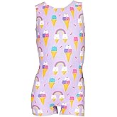 Destira Bear-y Chill Gymnastics Unitard for Girls, Purple Tank Biketard with Bear Ice Cream Cone Design & Matching Scrunchie
