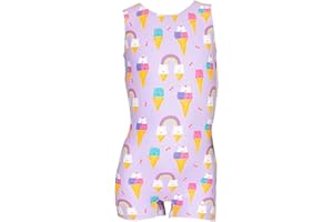 Destira Bear-y Chill Gymnastics Unitard for Girls, Purple Tank Biketard with Bear Ice Cream Cone Design & Matching Scrunchie
