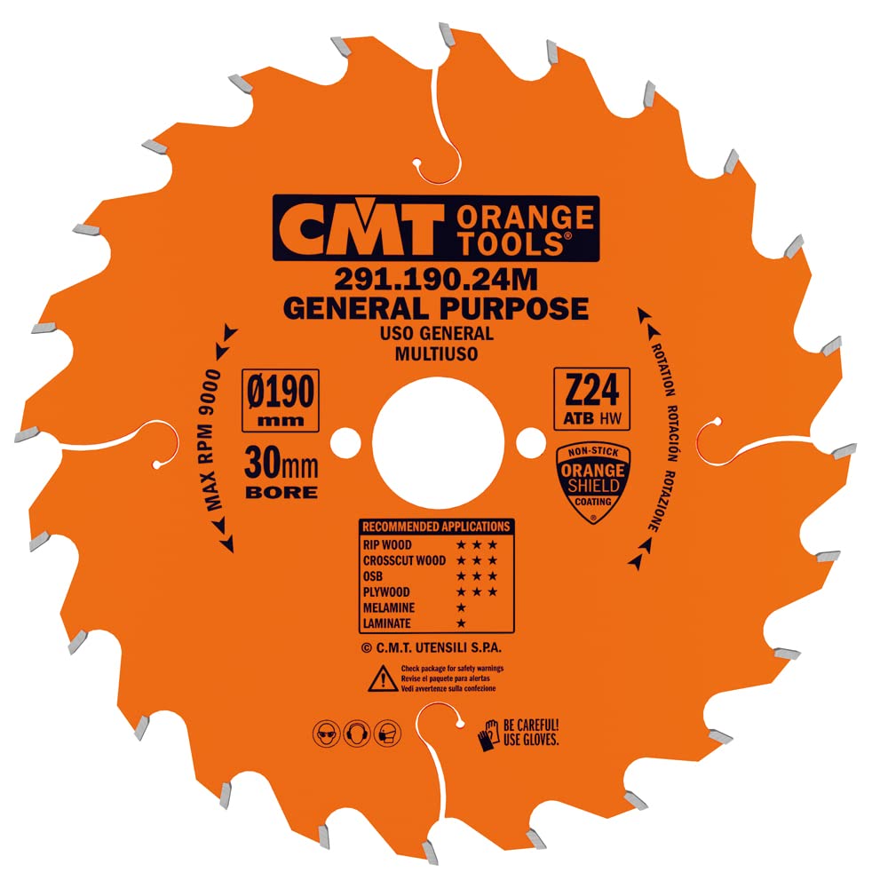 CMT Orange Tools Circular Saw Blade HW 190 x 2.6/1.6 x 30 Z = 24 10° ATB - 291.190.24M - for Longitudinal and Cross-Sections.