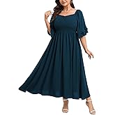 SCOMCHIC Womens Plus Size Maxi Dresses Smocked Square Neck Short Sleeve Wedding Guest Formal Flowy A-Line Long Dress