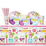 Cedar Crate Market Little Chef Birthday Party Supplies Pack for 16 Guests: Straws, Dinner Plates, Luncheon Napkins, Table Cover, and Cups