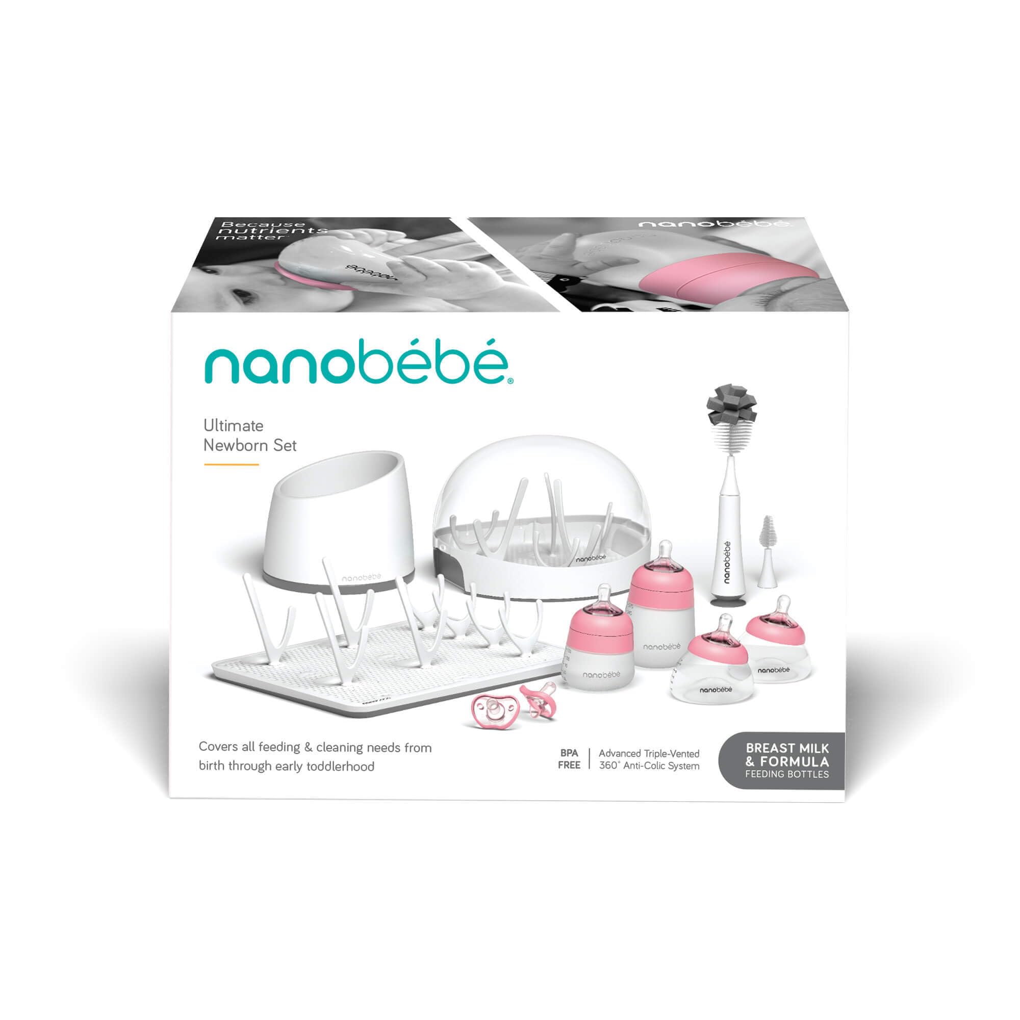 Nanobebe Breastmilk and Silicone Baby Bottle Ultimate Set Gen 2, 5oz and 9oz - with Sterilizer, Drying Rack, Anti-Colic Nipples, Pacifiers, and Warmer - Pink/Grey