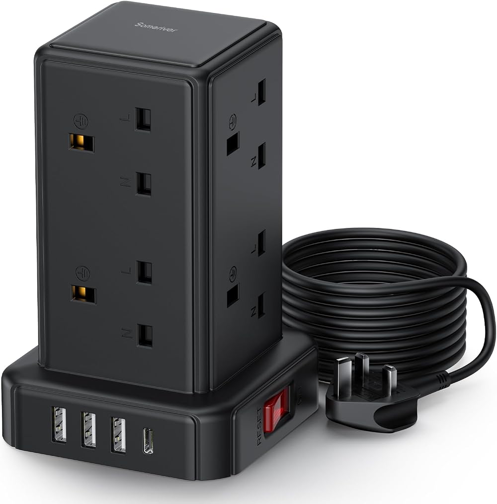 Sameriver 12-in-1 Tower Extension Lead 8 AC Outlets 4 USB 2M Surge Protected