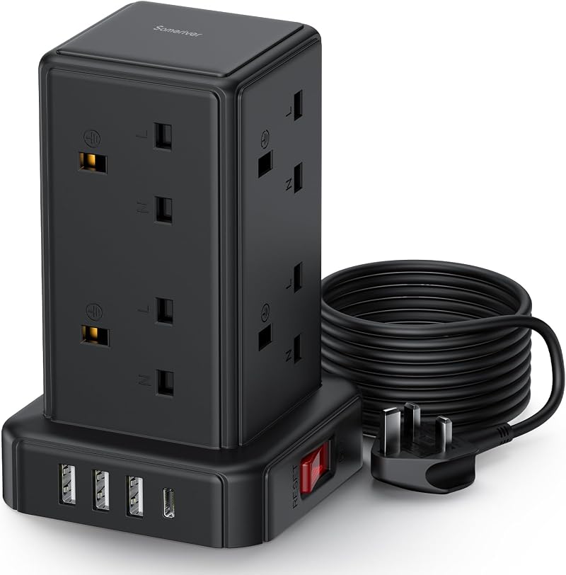Sameriver 12-in-1 Tower Extension Lead 8 AC Outlets 4 USB 2M Surge Protected