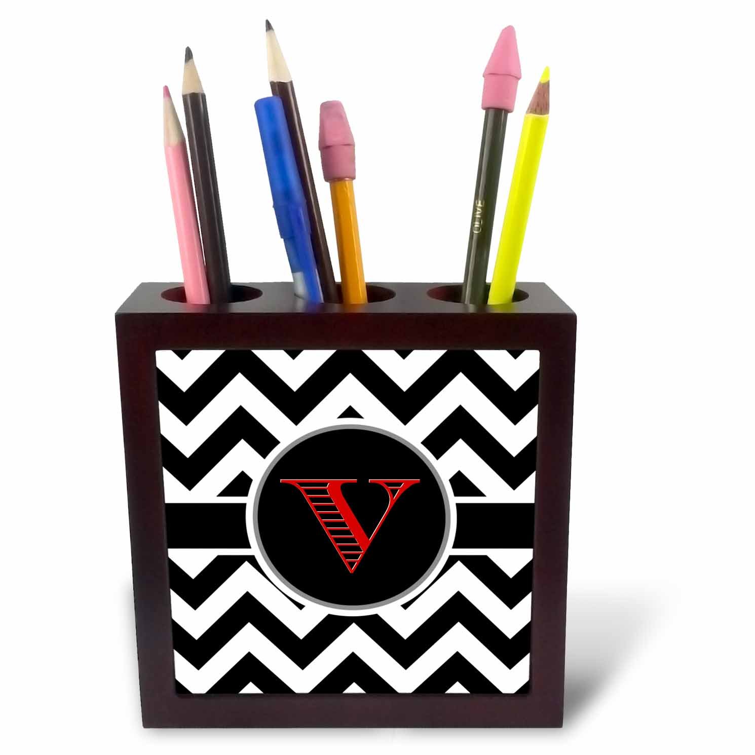 3dRose ph_252180_1 5-Inch "Chevron Monogram Initial V" Tile Pen Holder - Black/White
