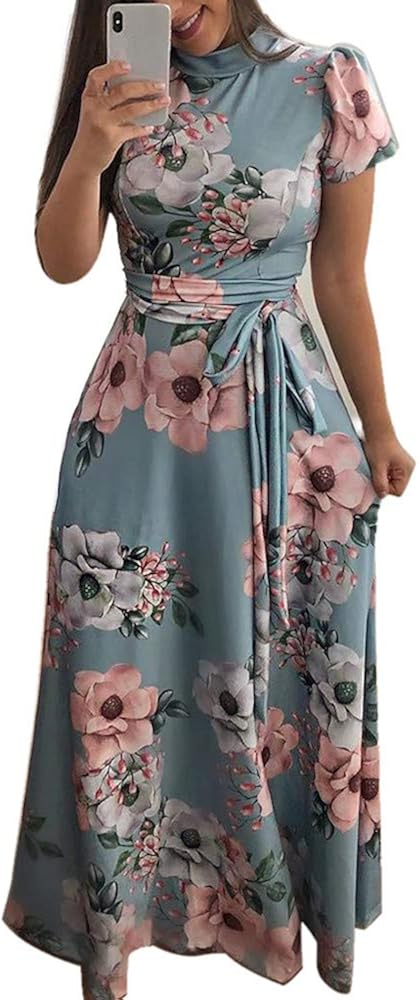 COPPEN Women Fashion Dress Women O-Neck Floral Printed Short Sleeve Bandage Long Dress: Clothing