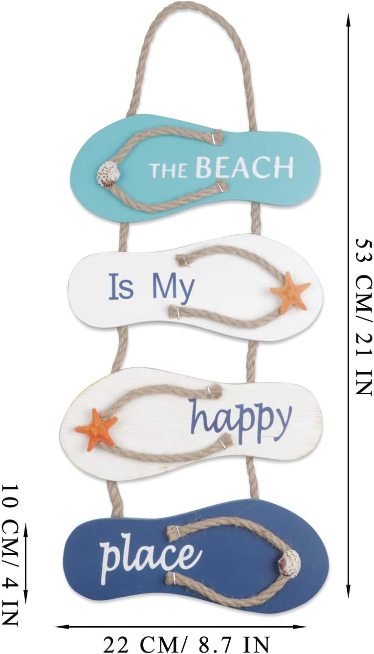 YiYa Nautical Beach Flip Flop Wall Ornament, Wooden Slippers Hanging Decoration Ocean Home Decor for Wall and Door White, Blue - Image 3