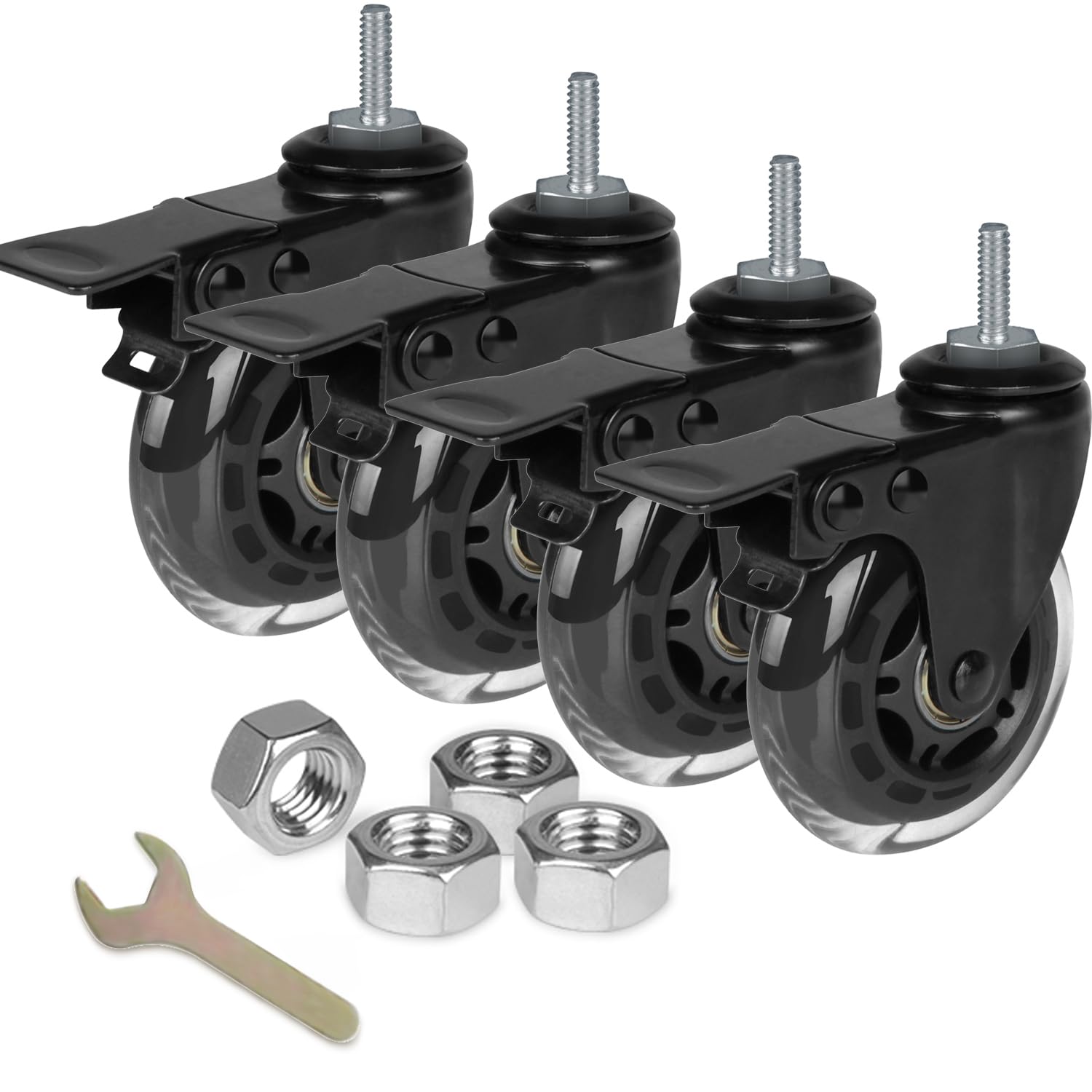 Photo 1 of 8T8 3 Inch Rubber Caster Wheels Heavy Duty with Brakes, 5/16"-18 x 1 Threaded Stem Casters Set of 4 (Screw Diameter 5/16", Length 1"), Quiet and Smooth Rolling Castors for Furniture Hardwood Floors
