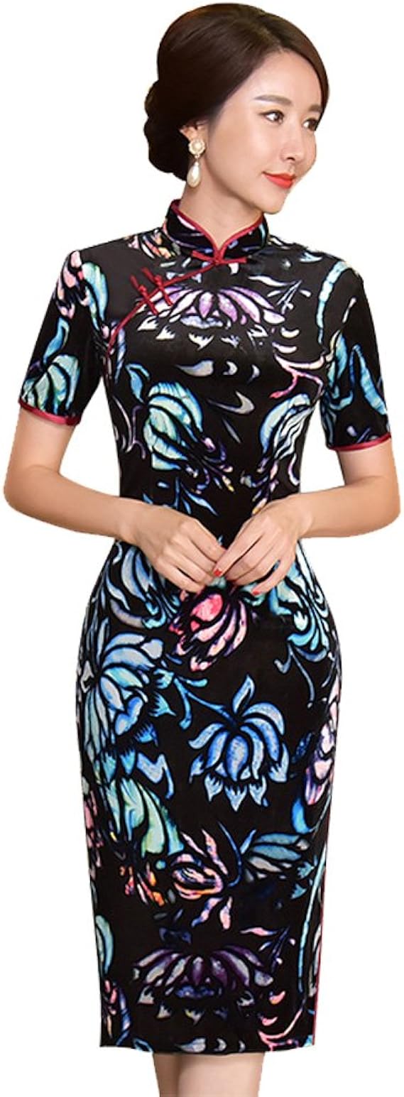 Amazon 福丸 チャイナドレス ベルベット ストレッチ 花柄 半袖 ひざ丈 スリット チャイナ風 ワンピース チャイナ服 セクシー チーパオ ハロウィン パーティー レディース 通販