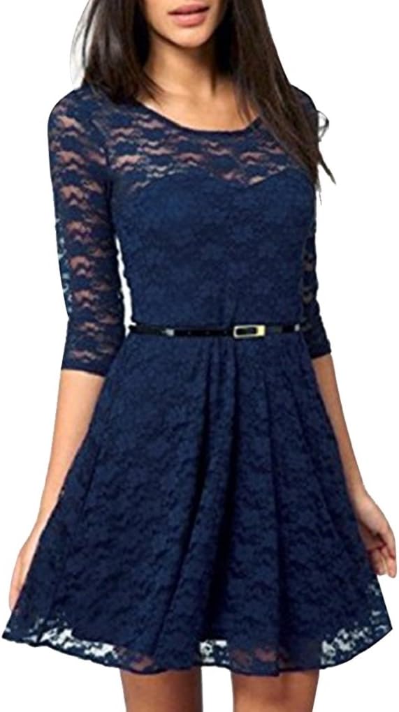 QIMISI Women's Round Neck 3/4 Sleeve Lace Dress With Belt